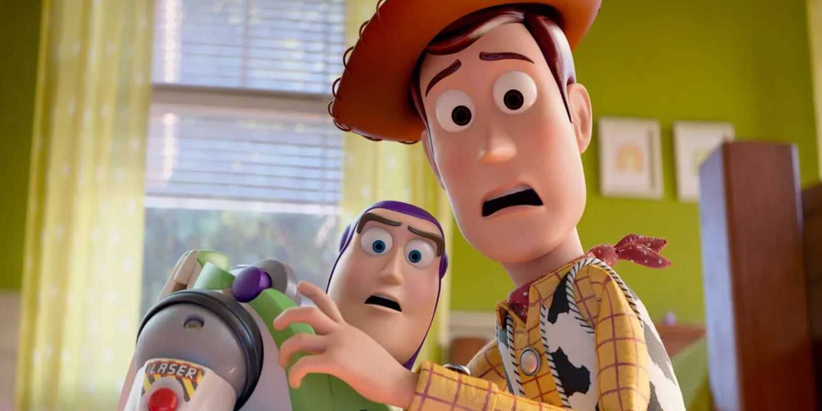Buzz and Woody looking scared in Toy Story 5