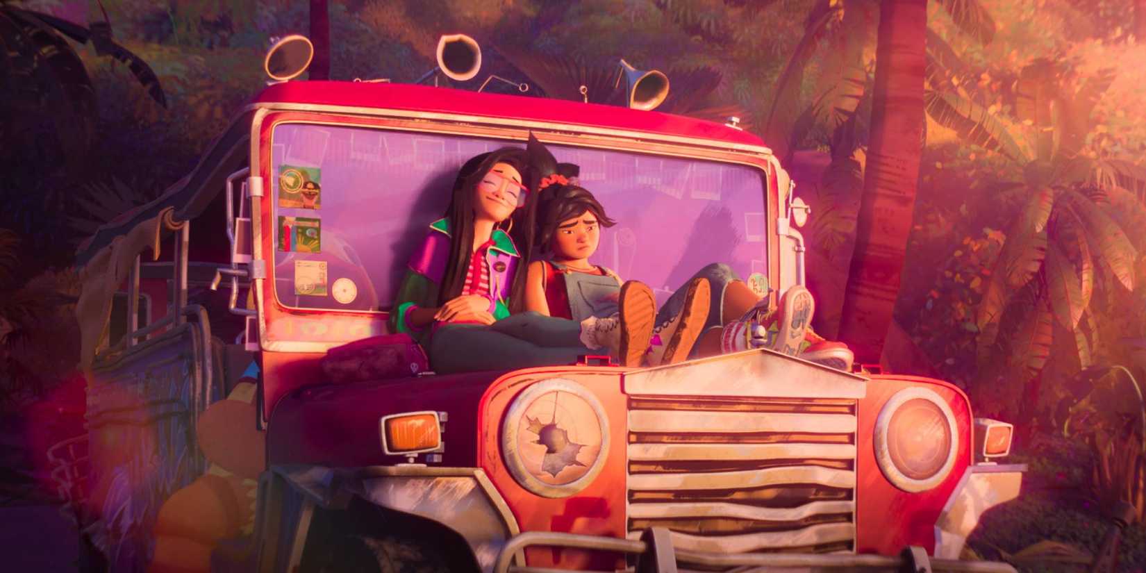 Two girls on the hood of a truck in forgotten-island