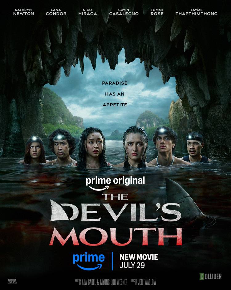 The cast of The Devil's Mouth looking concerned in the bloodied waters of a shark-infested cave on a poster