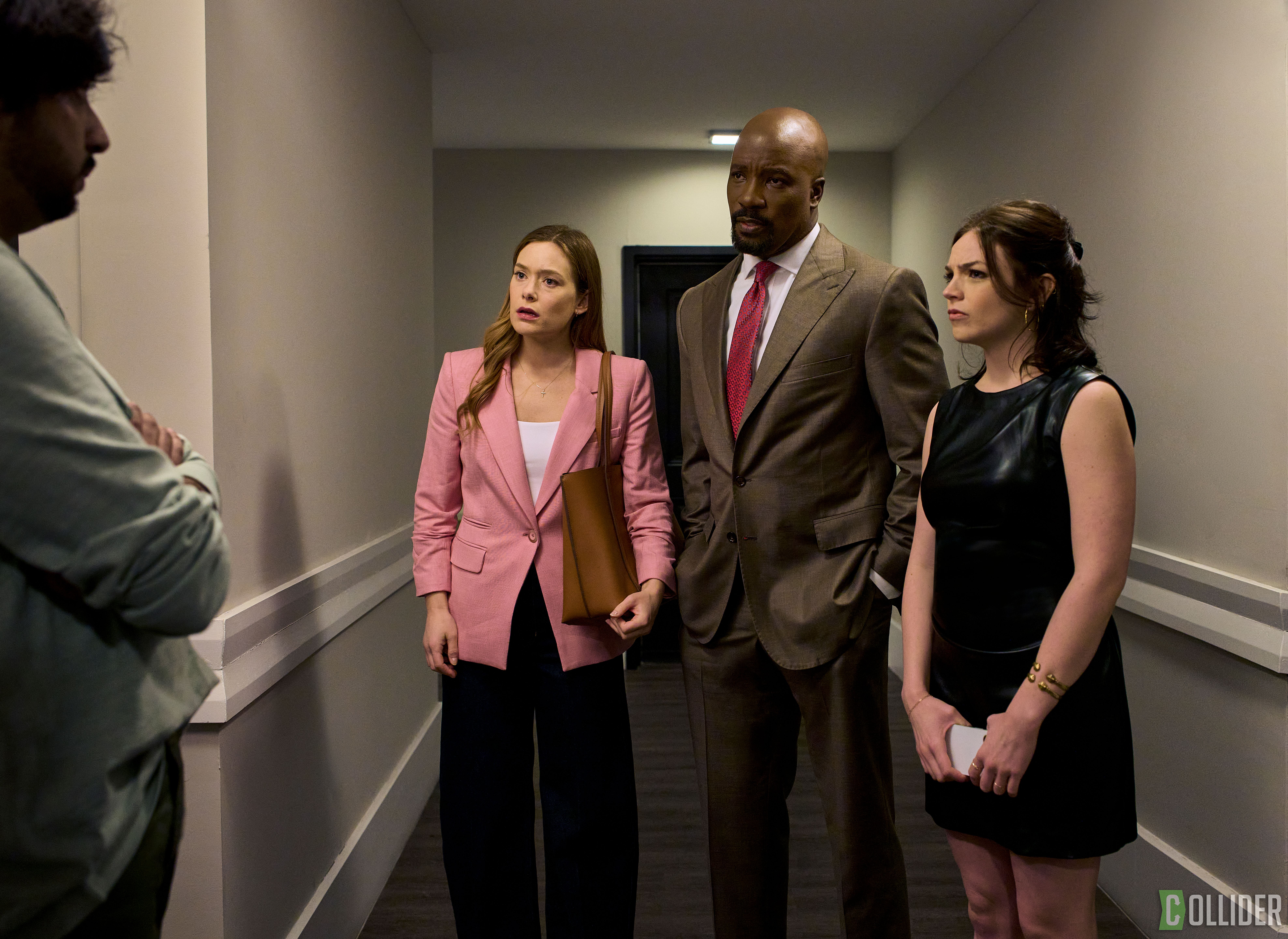 Rachel Keller, Mike Colter, and Ella Stiller confront a client in Cupertino